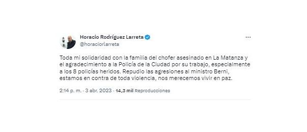 Horacio Rodríguez Larreta tuiteó tras la agresión a Sergio Berni