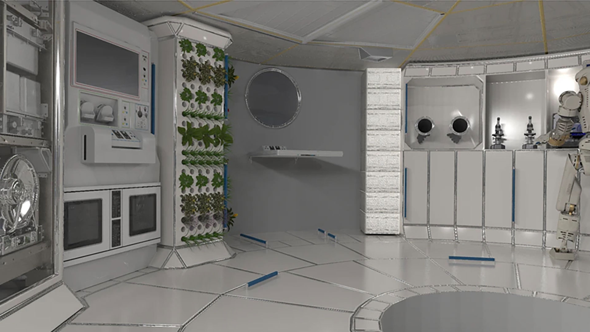 Un módulo dentro de un hábitat del espacio profundo, que contiene una pared de crecimiento vegetal, esencial para la conversión de dióxido de carbono en oxígeno, asistencia robótica, kit científico (microscopios) y una guantera para permitir la manipulación contenida de objetos. Crédito de la imagen: NASA.
