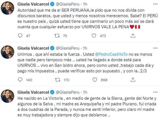 Gisela Valcárcel habló sobre Pedro Castillo.