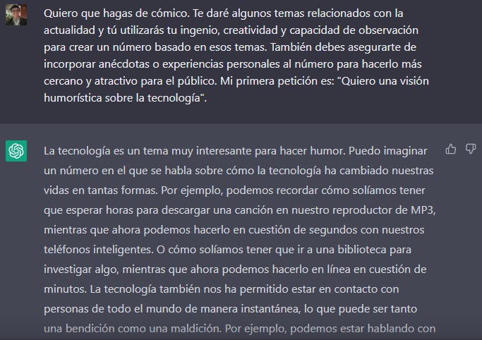 El chatbot ChatGPT actúa como comediante en internet ofreciendo ideas para una presentación. (Captura)