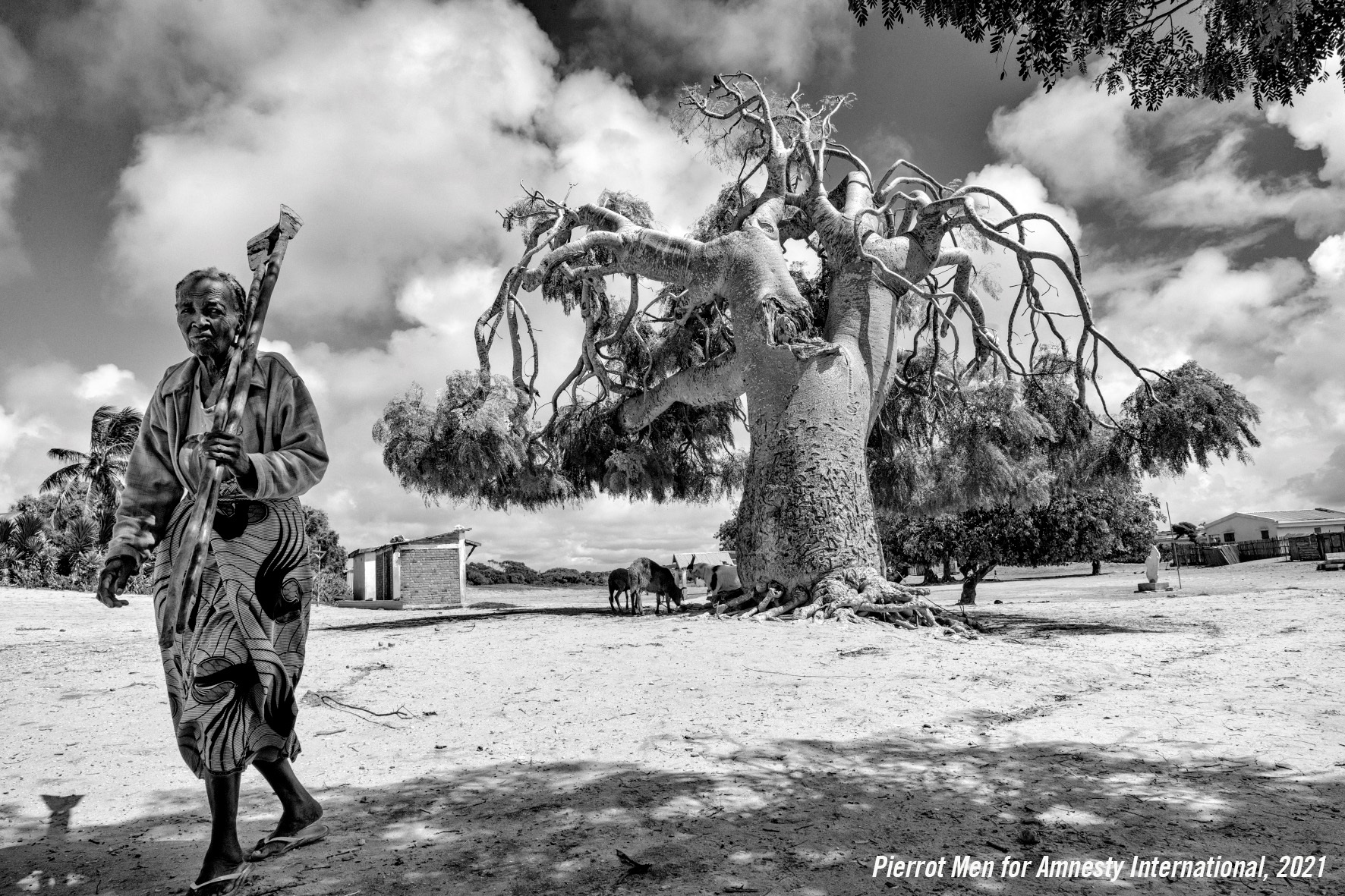 Una mujer camina por terrenos secos con sus herramientas para cultivar en Ambazoa (sur de Madagascar). La crisis climática mundial ha intensificado la grave sequía que atraviesa el sur de Madagascar y que tiene a un millón de personas al borde de la hambruna, según recuerda Amnistía Internacional (AI), que pide acciones "urgentes" de cara a la COP26. EFE/ Amnistía Internacional/pierrot Men 
