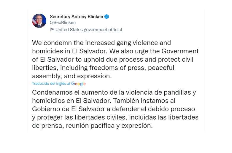 El tuit de Antony Blinken sobre la situación en El Salvador