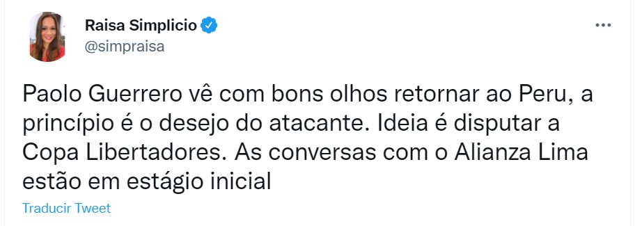 Periodista brasileña Raisa Simplicio informó sobre el posible regreso de Paolo Guerreo a Alianza Lima (Captura Twitter)
