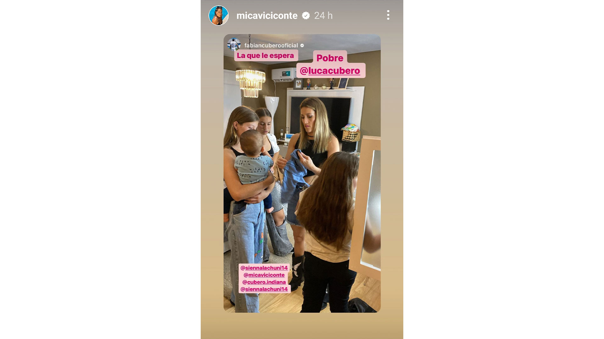 Mica, Indiana, Allegra y Sienna cuidando a Luca (Instagram)