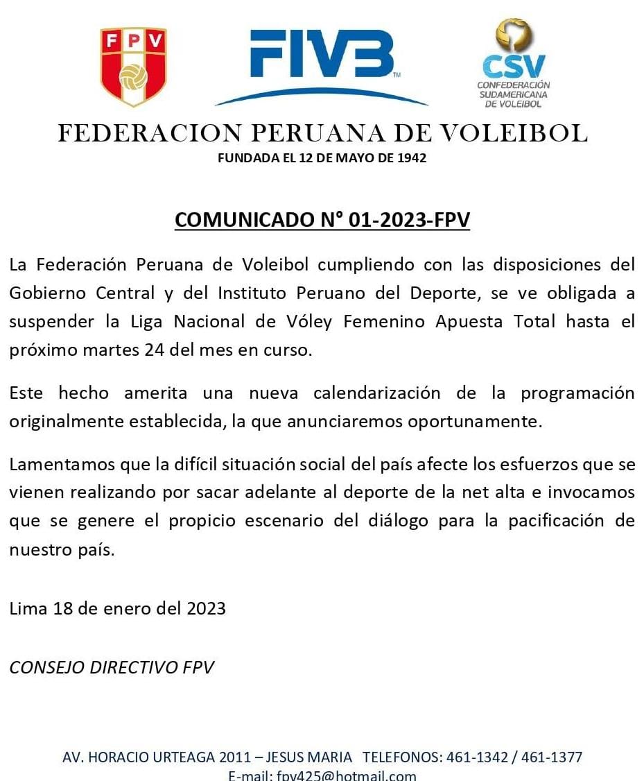 Comunicado de la Federación donde indican la nueva fecha de inicio de la LNSV luego de posponerla nuevamente. (FPV)