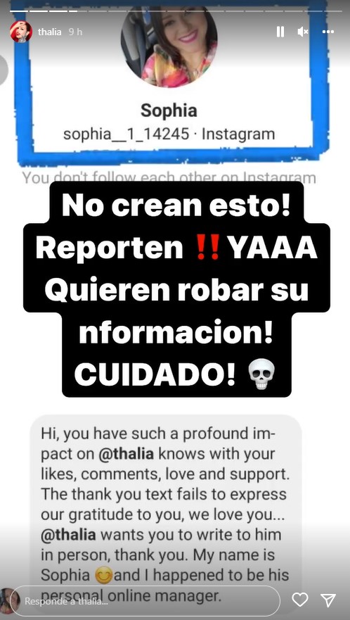 Thalía expuso que hay dos perfiles, uno bajo el nombre "Sophia" y otro "Dani Miranda", pero envían el mismo mensaje, sólo cambiando los nombres (Captura de pantalla: Instagram/@thalia)