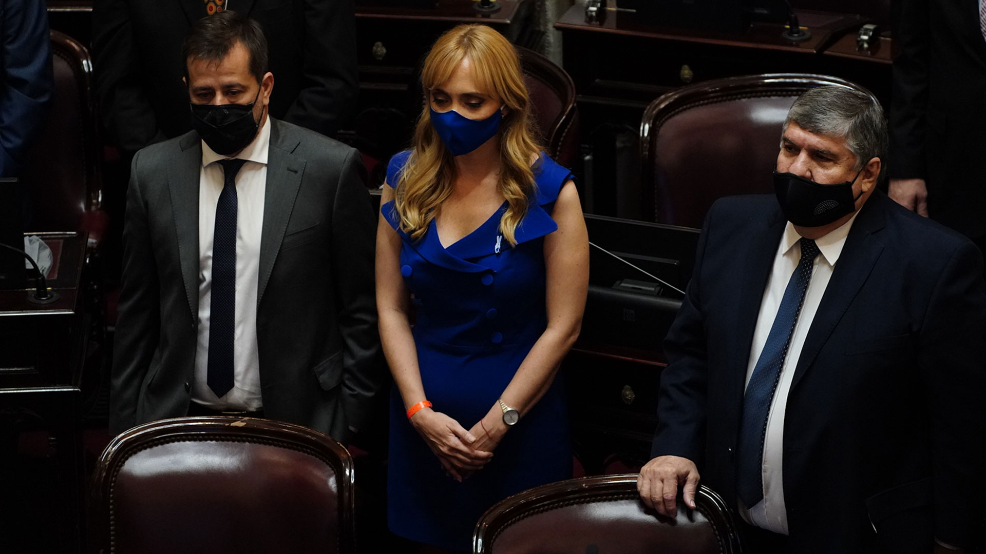 En el medio, vestida de azul, la senadora mendocina Anabel Fernández Sagasti. Mariano Recalde y José Mayans, a su costado