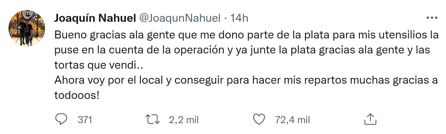 El mensaje de Joaquín Nahuel en su Twitter