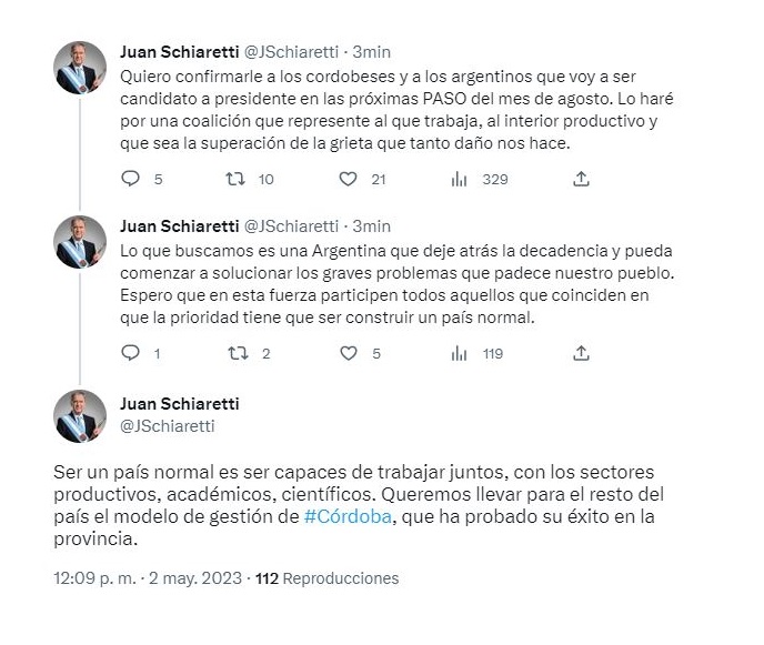 Juan Schiaretti publicó en sus redes sociales la confirmación de su postulación como candidato a Presidente de la Nación 