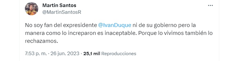 En su cuenta de Twitter, este fue el mensaje de respaldo de Martín Santos al expresidente Iván Duque, tras la polémica entrevista.