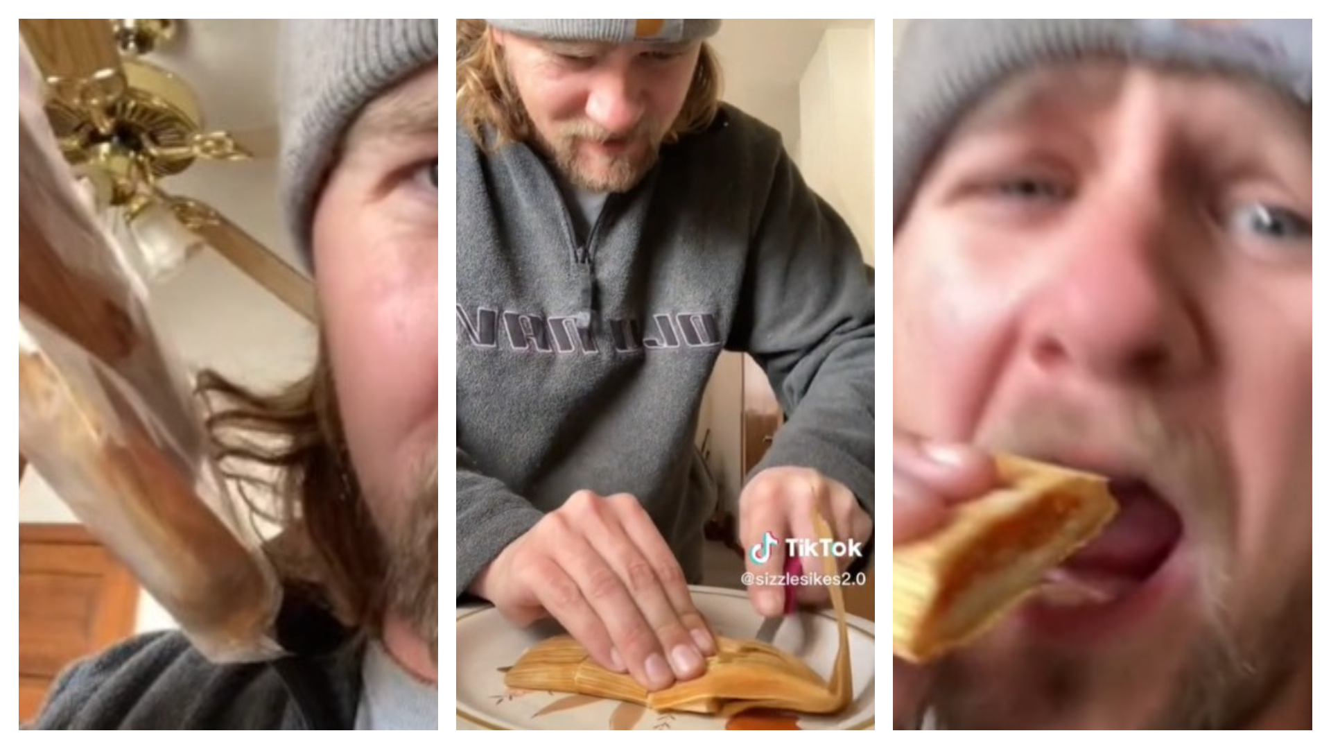 A foreigner went viral for eating a tamale with all its leaves (screenshot: sizzlesikes2.0/Tik Tok)