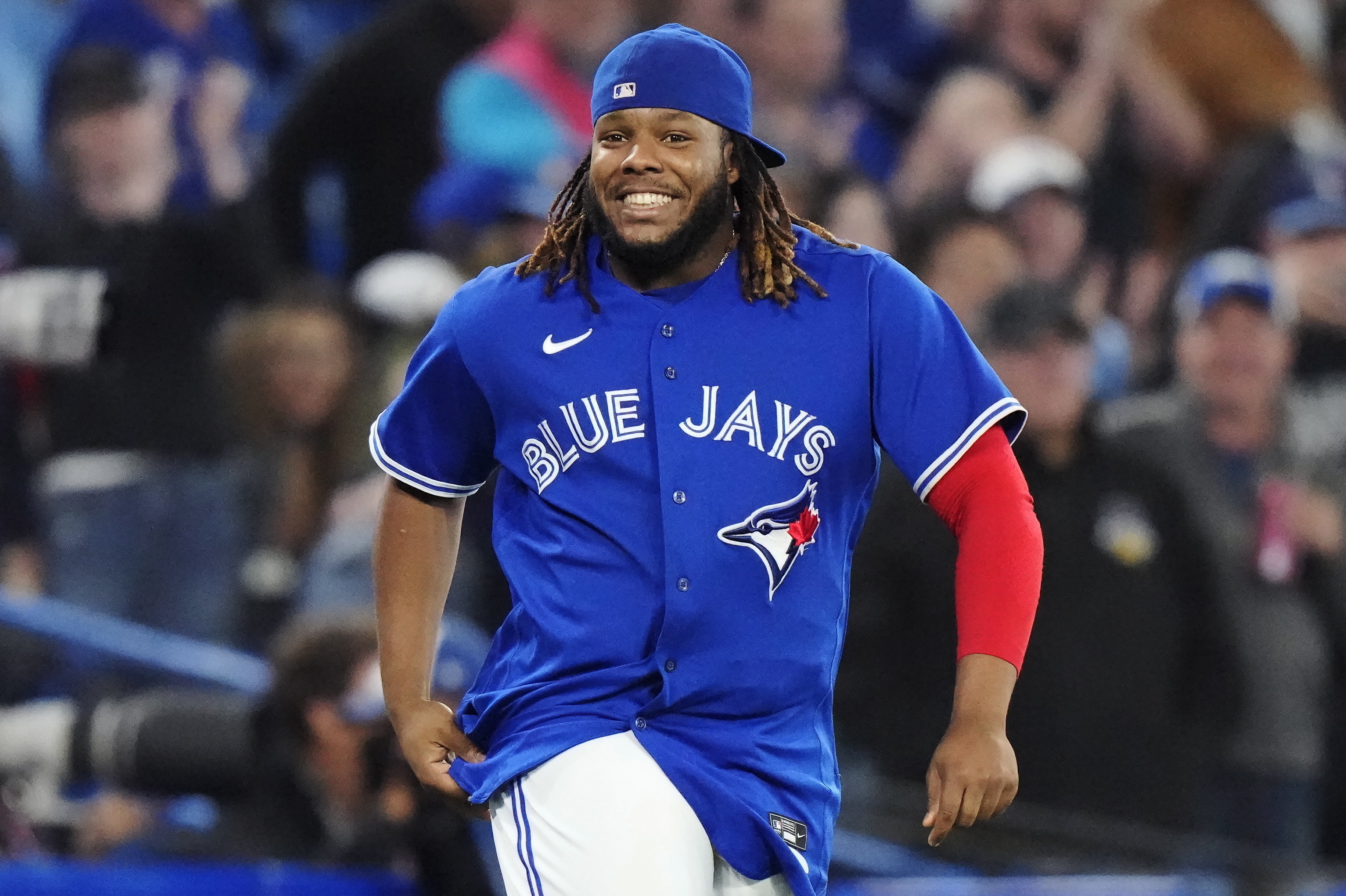 FILE - Toronto Blue Jays' Vladimir Guerrero Jr. celebrates his team's victory over the Tampa Bay Rays in a game in Toronto on Sept. 14, 2022. (Frank Gunn/The Canadian Press via AP, File )