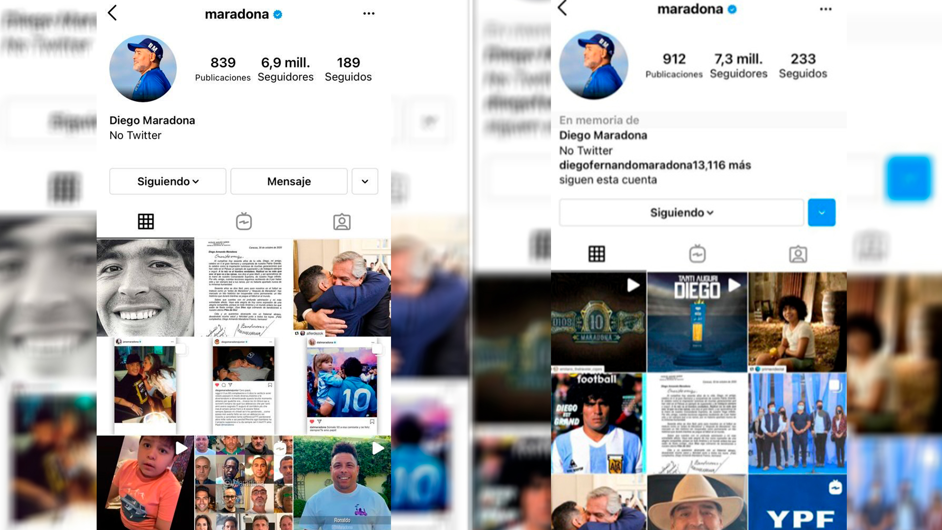A la derecha, la cuenta de Instagram actual de Maradona, administrada por sus hijos; a la izquierda, la que manejaba Matías Morla