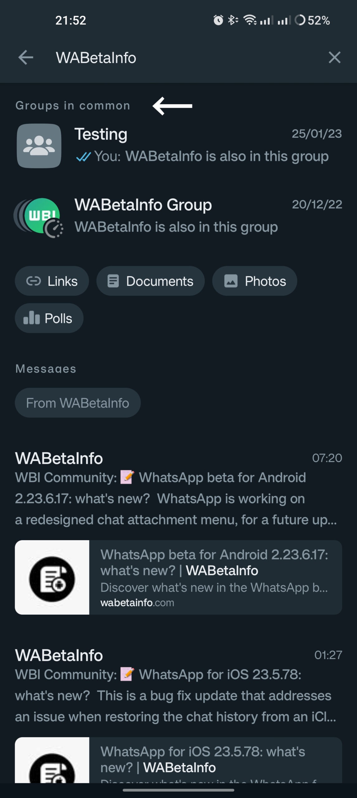 La nueva herramienta de búsqueda de WhatsApp muestra los grupos en común entre contactos. (WABetaInfo)