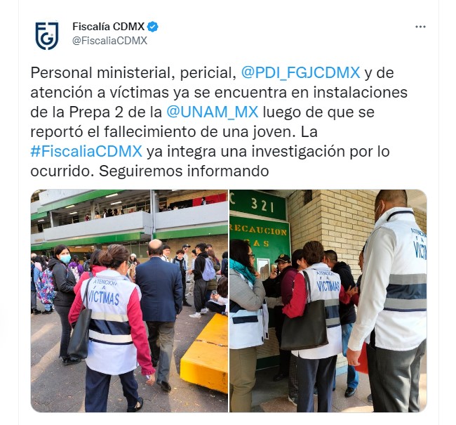 La Fiscalía capitalina integró una investigación por la muerte de una estudiante de la Prepa 2 de la UNAM (Foto: Twitter@FiscaliaCDMX)