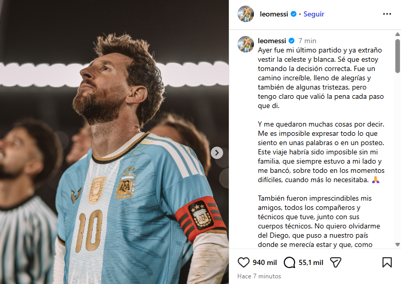 La emotiva carta de Messi tras su despedida de la selección argentina: "Me quedaron muchas cosas por decir"