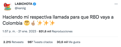 Karol G afirmó que está interviniendo para que RBD se presente en Colombia. @karolg/Twitter