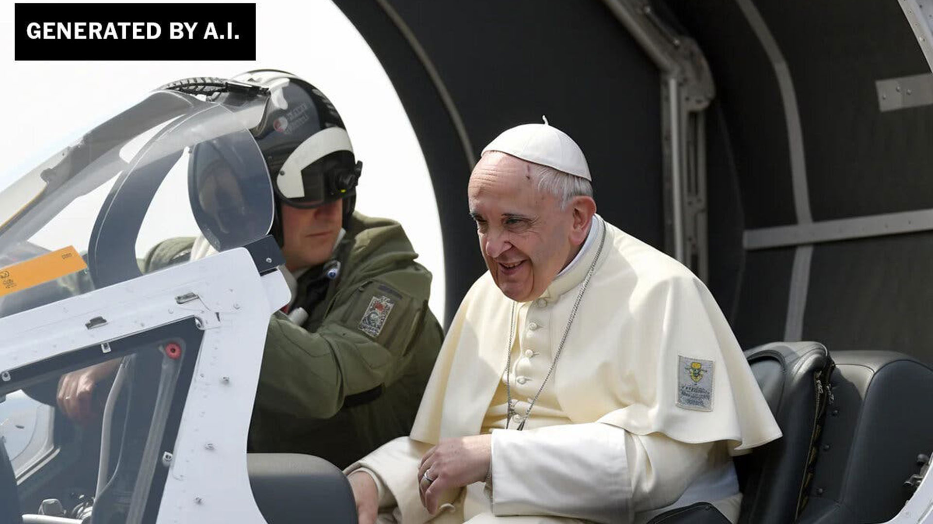 Imagen generada por IA que muestra al papa Francisco en la cabina de un avión de combate (Handout vía The New York Times)