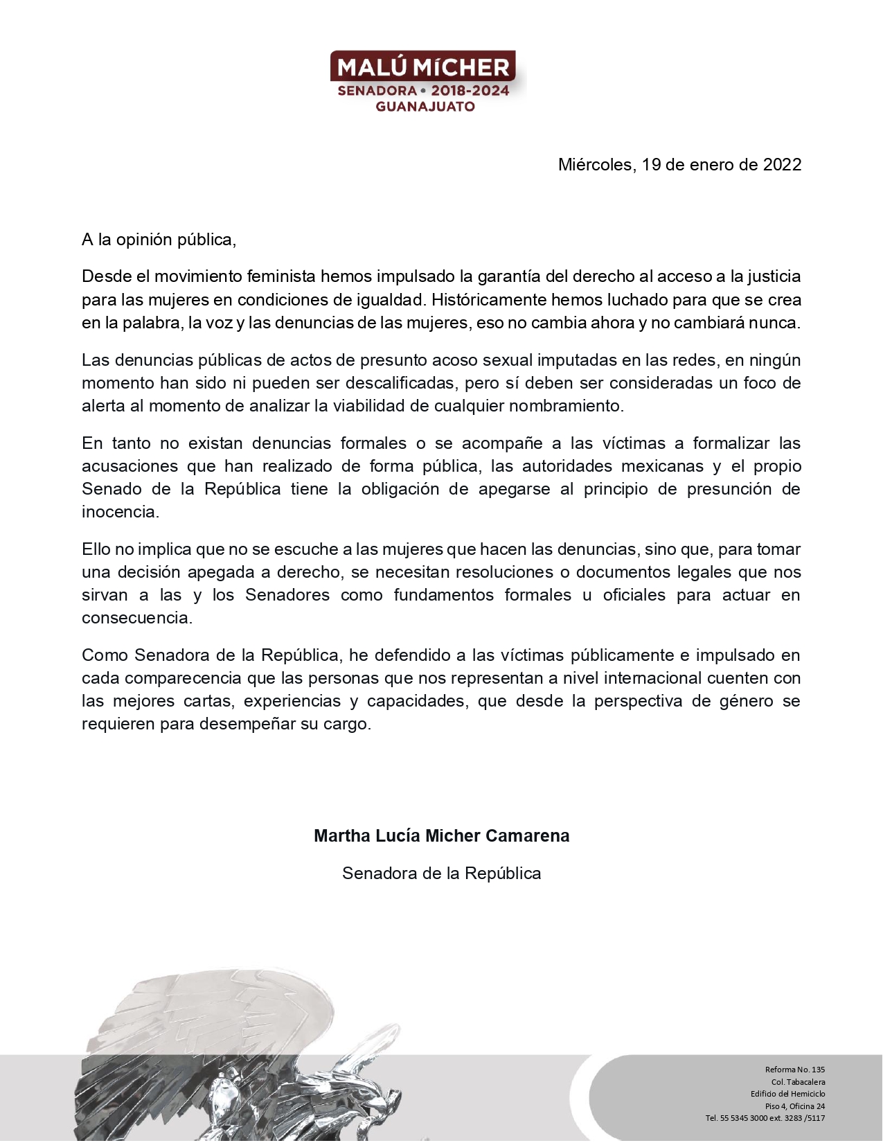 Martha Lucía Mícher dijo que desde su postura como senadora ha defendido a las víctimas de acoso (Foto: Twitter/@MaluMicher)