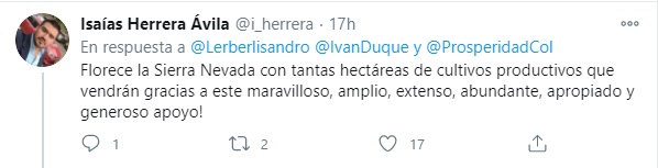 Crítica de un usuario de Twitter respecto a las precarias ayudas entregadas por el gobierno, a los campesinos de la Sierra Nevada de Santa Marta. Foto: Twitter Isaías Herrera.