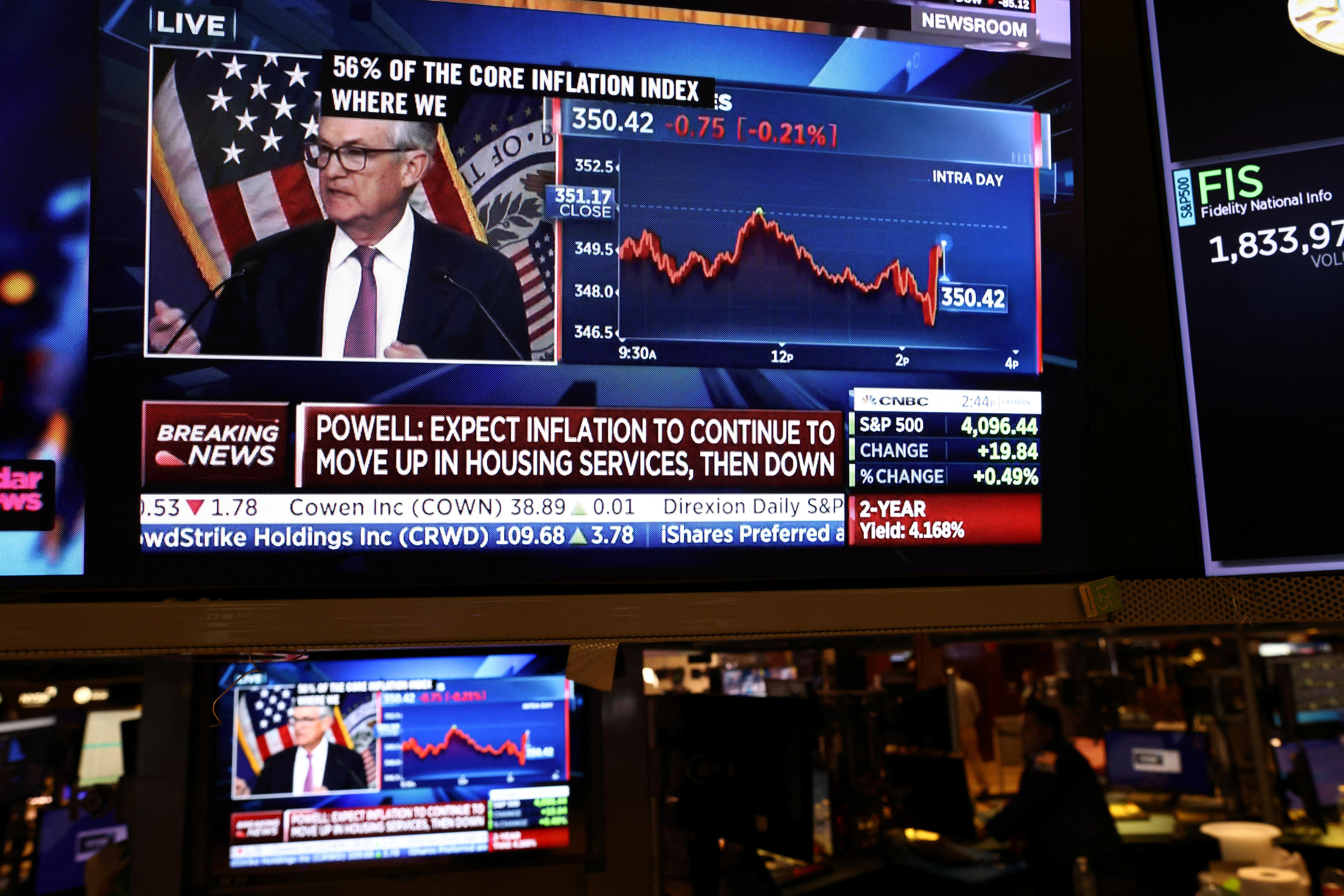 Jerome Powell en una pantalla en la Bolsa de Valores (REUTERS/Andrew Kelly)