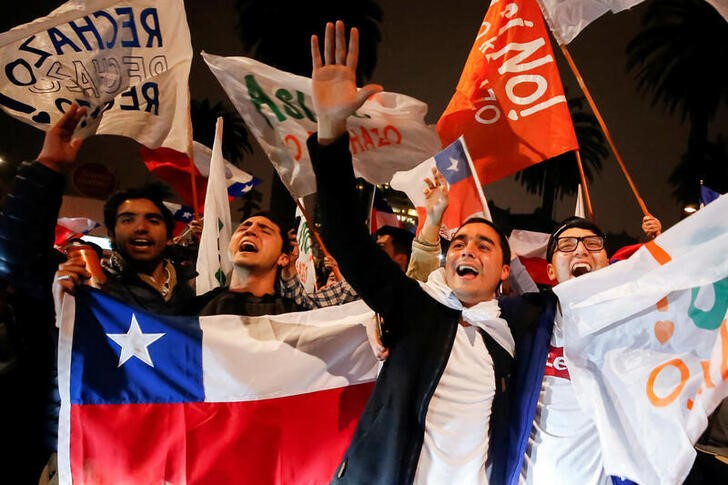 Un grupo de chilenos celebra el rechazo a la propuesta de Nueva Constitucion en Valparaiso, Chile (REUTERS/Rodrigo Garrido)