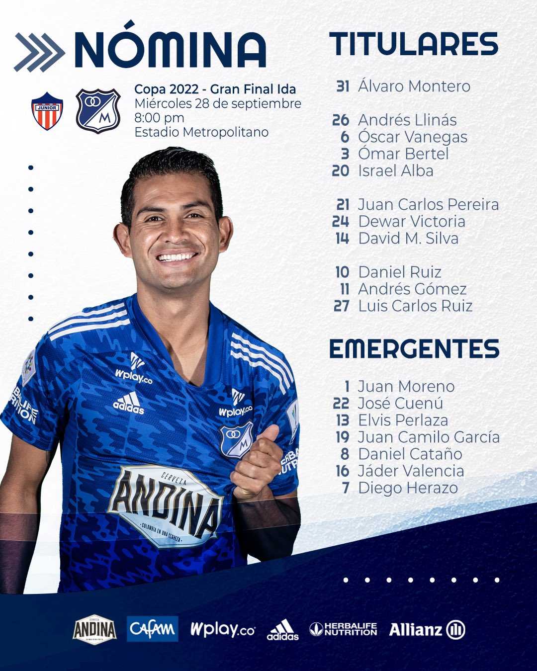 Millonarios lineup to face Junior de Barranquilla in the first leg of the BetPlay Cup final.  Image: @MillosFCoficial.
