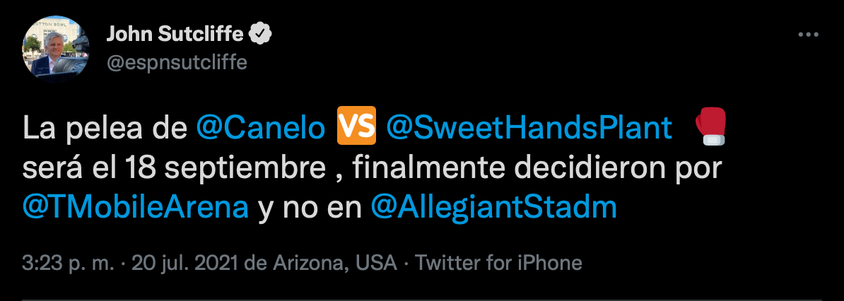 John Sutcliffe adelantó la fecha y sede de la pelea entre Canelo Álvarez y Caleb Plant (Foto: Twitter/@espnsutcliffe)