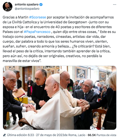 Antonio Spadaro agradeció la participación de Martin Scorsese en el encuentro con el Papa Francisco para producir una nueva cinta sobre Jesús. @antoniospadaro/Twitter