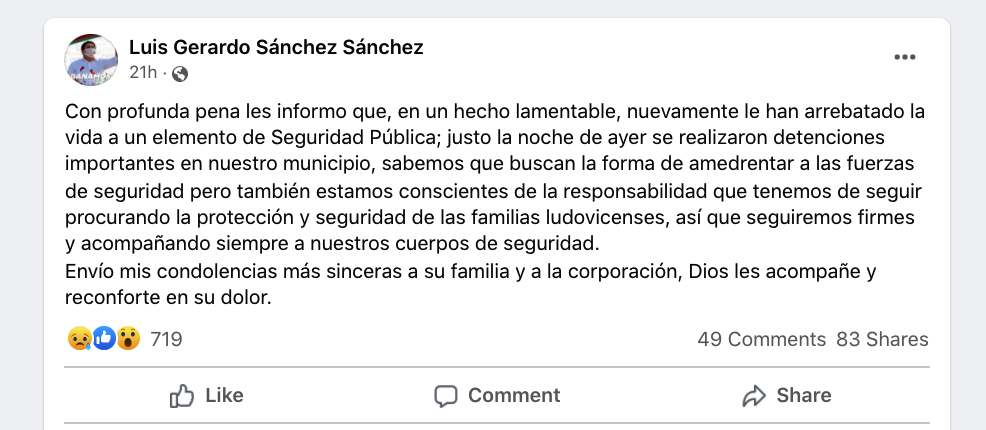 El alcalde municipal envió sus condolencias a familiares y cercanos de la policía occisa. (Foto: Captura de pantalla / Facebook Luis Gerardo Sánchez Sánchez)