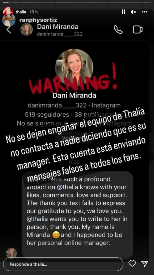 Thalía pidió a sus seguidores denunciar los perfiles si es que les llegó el mensaje (Captura de pantalla: Instagram/@thalia)