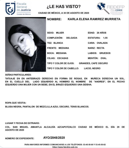 La ficha de búsqueda de Karla Elena Ramírez (Foto: Fiscalía General de Justicia CDMX)