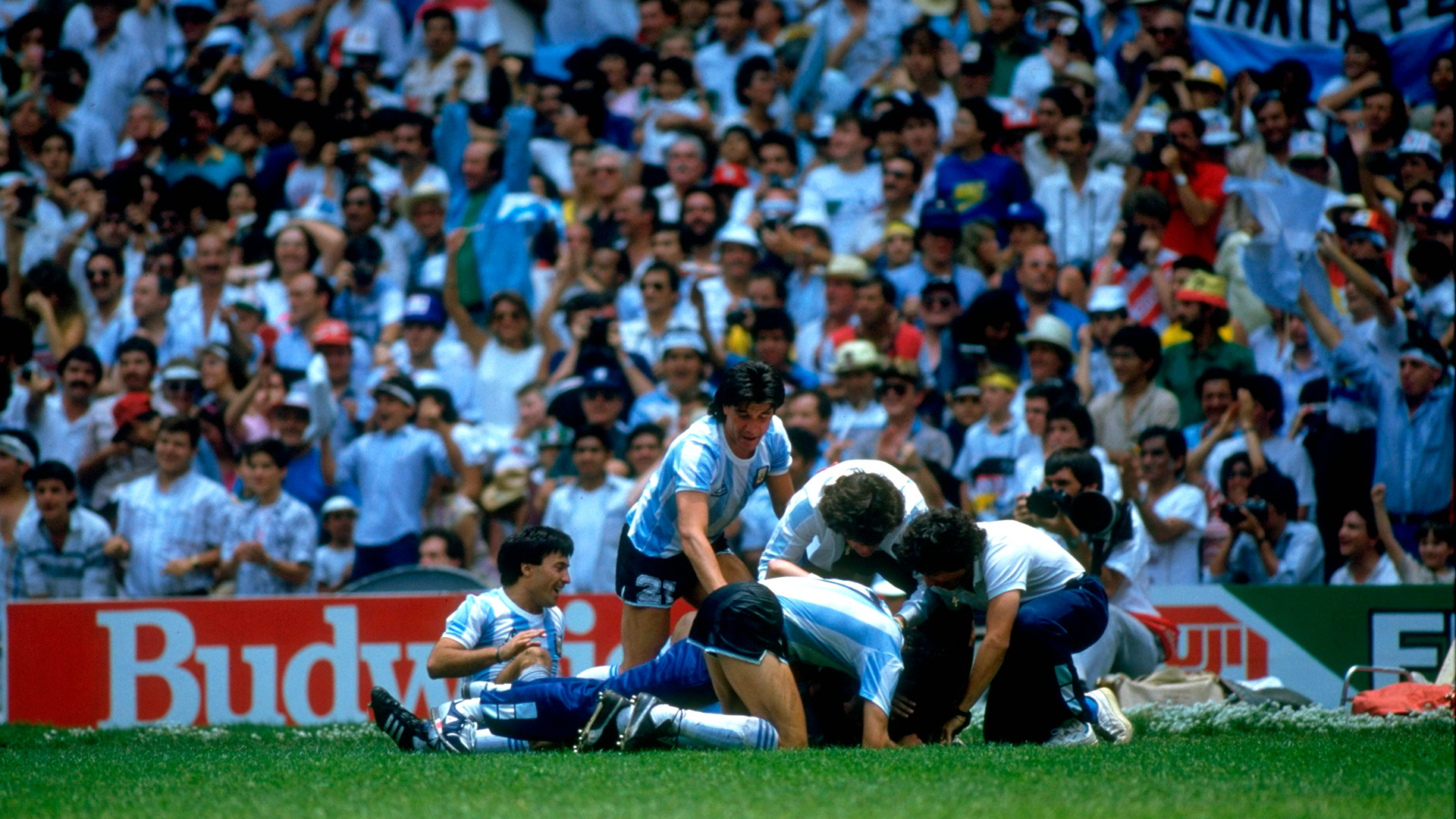 29 Jul 1986:  The Argentinian team celebrate after Burruchaga scores a goal during the World Cup Final match against West Germany at the Azteca Stadium in Mexico City. Argentina won the match 3-2. \ Mandatory Credit: Billy  Stickland/Allsport