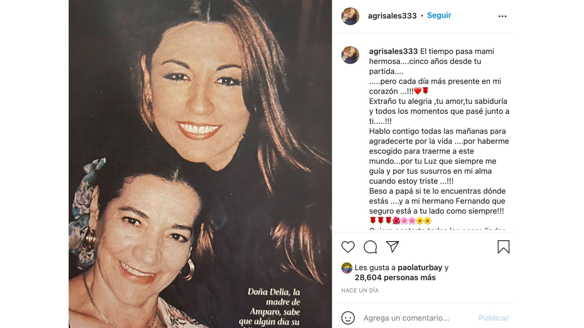 El conmovedor mensaje de Amparo Grisales en el aniversario de la muerte de su madre - Infobae