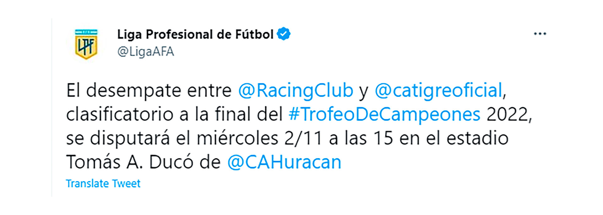 El mensaje de la Liga Profesional en su cuenta oficial de Twitter