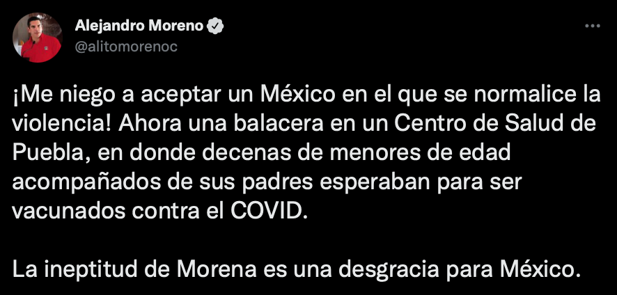 Alejandro Moreno condenó la violencia en México (Foto: Twitter/@alitomorenoc)