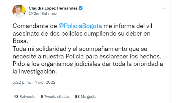 A través de Twitter, la alcaldesa Claudia López rechazó el asesinato de dos policías en Bosa.
Vía Twitter (@ClaudiaLopez)