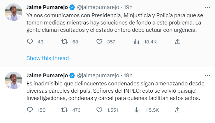 Jaime Pumarejo se refirió en su cuenta de Twitter a las amenazas de alias 'Negro Ober'. @jaimepumarejo. Twitter
