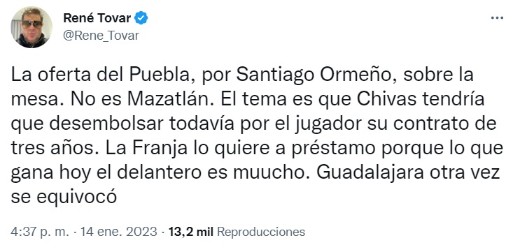 Periodista mexicano sobre oferta de Puebla para sacar a Santiago Ormeño de Chivas.