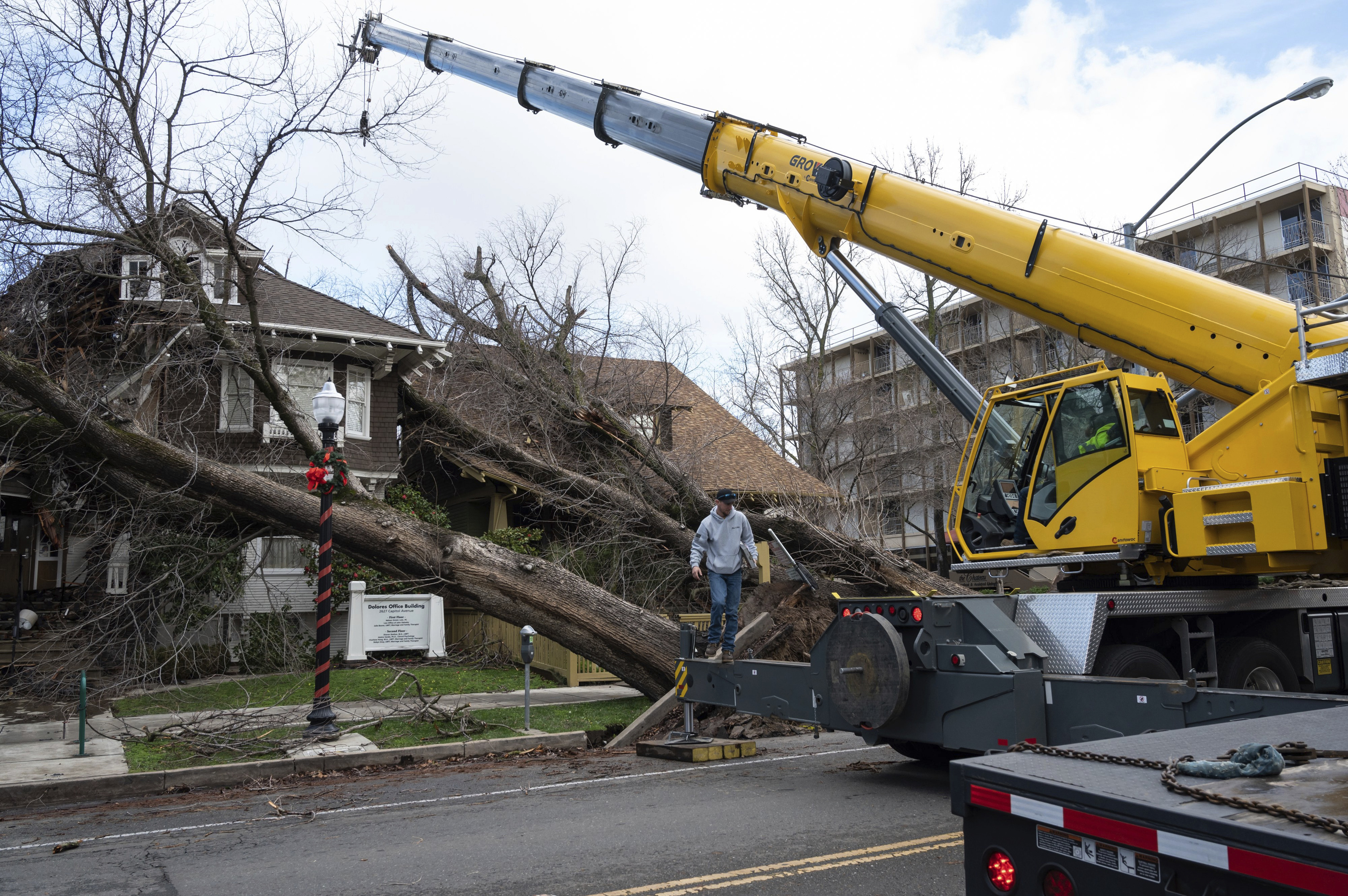 Crane operator Ricky Kapuschinsky, with AAA Crane, prepares to lift uprooted trees at Capitol Avenue and 27th Street in downtown after a storm brought high winds overnight in Sacramento, California.  (Sara Nevis/The Sacramento Bee via AP)