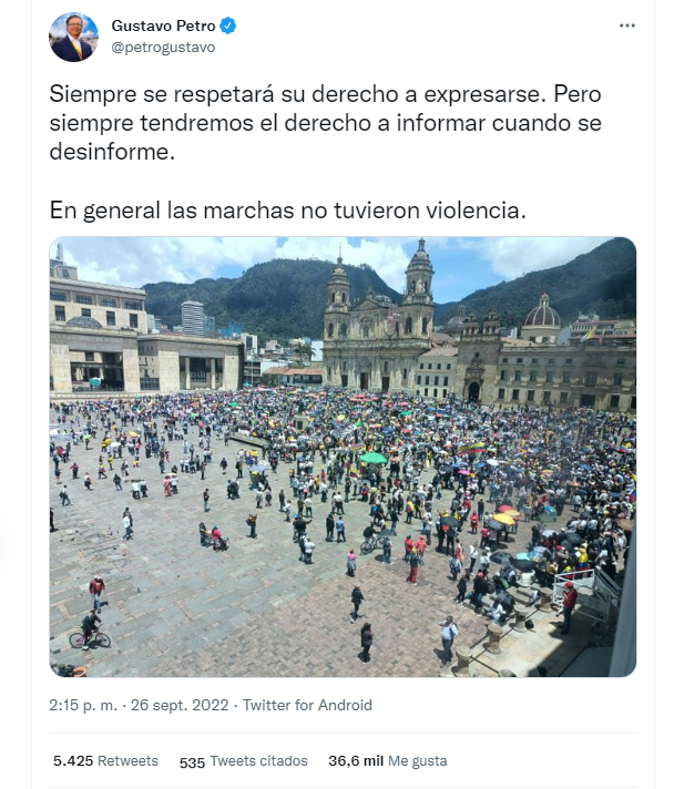 A través de su cuenta de Twitter, el presidente Gustavo Petro se pronunció sobre las marchas en contra de su gobierno.
FOTO: vía Twitter (@petrogustavo)