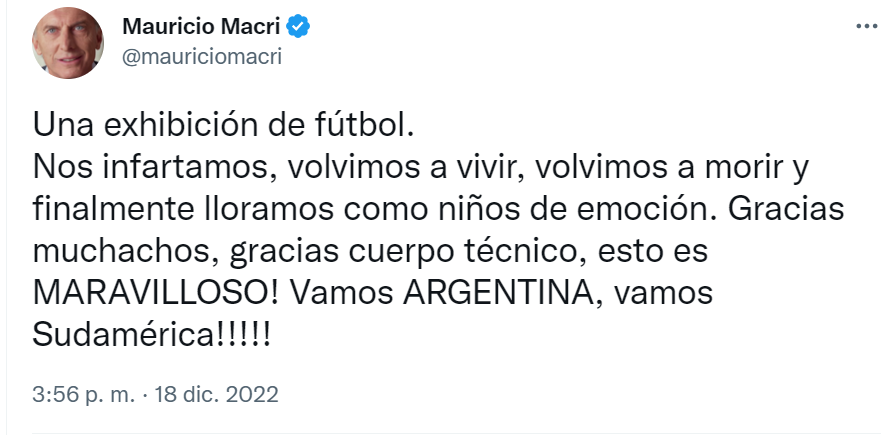 Mauricio Macri también festejó en su cuenta de Twitter 