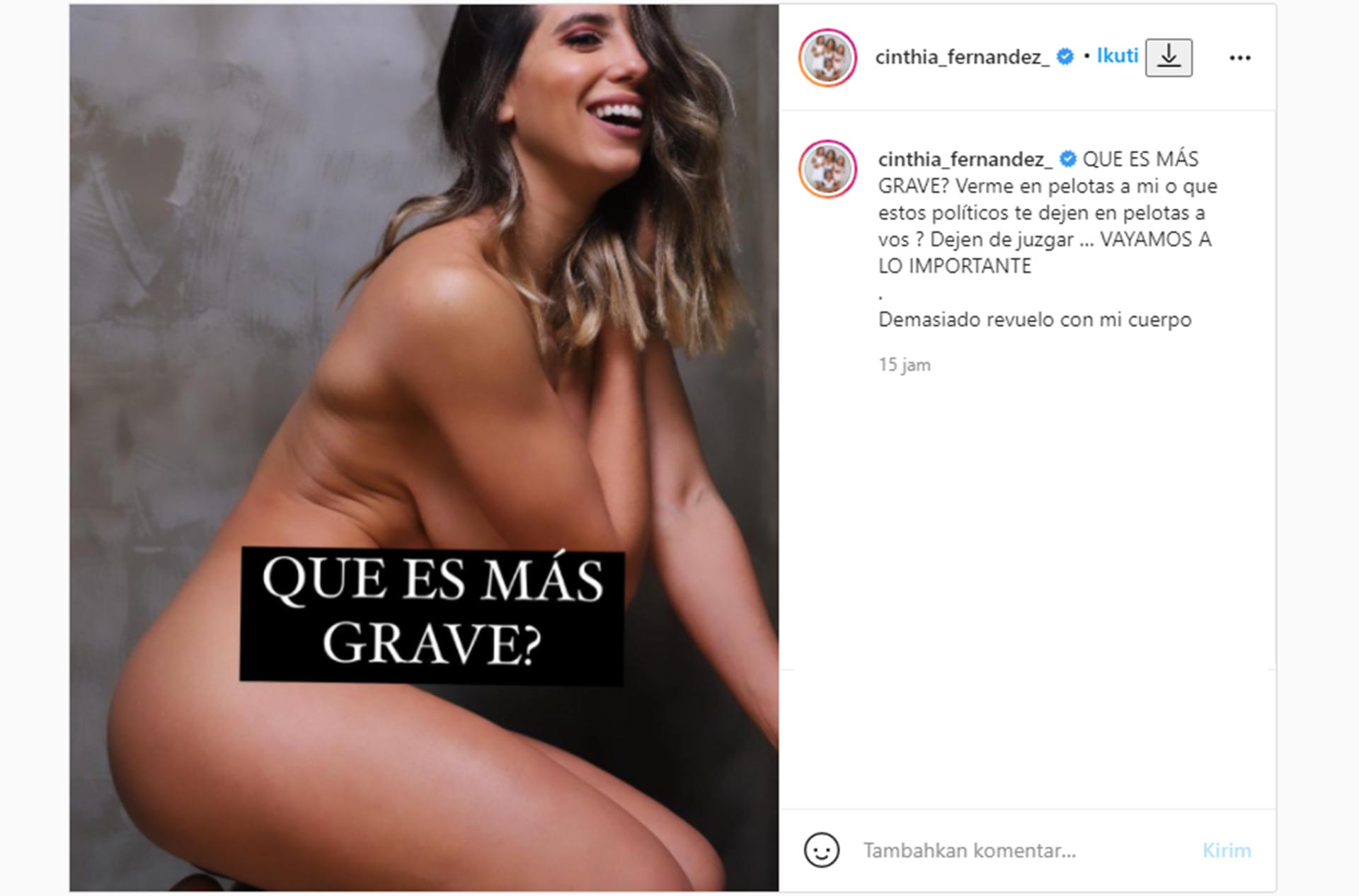 Cinthia Fernández Posteó Una Foto Desnuda Como Parte De Su Campaña Electoral Infobae 