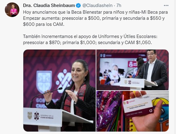According to the head of government, the purpose of this scholarship is to improve the income of families and thus eliminate school dropouts (Photo: Twitter/@Claudiashein)
