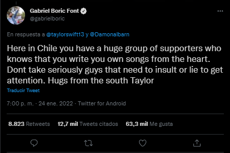 Gabriel Boric, presidente de Chile, se colocó en el bando de Taylor (Foto: Twitter/@gabrielboric)