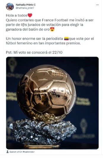 El periodista colombiano formará parte del jurado que elegirá al mejor jugador del mundo.  Extracto de @nathalia_priet7