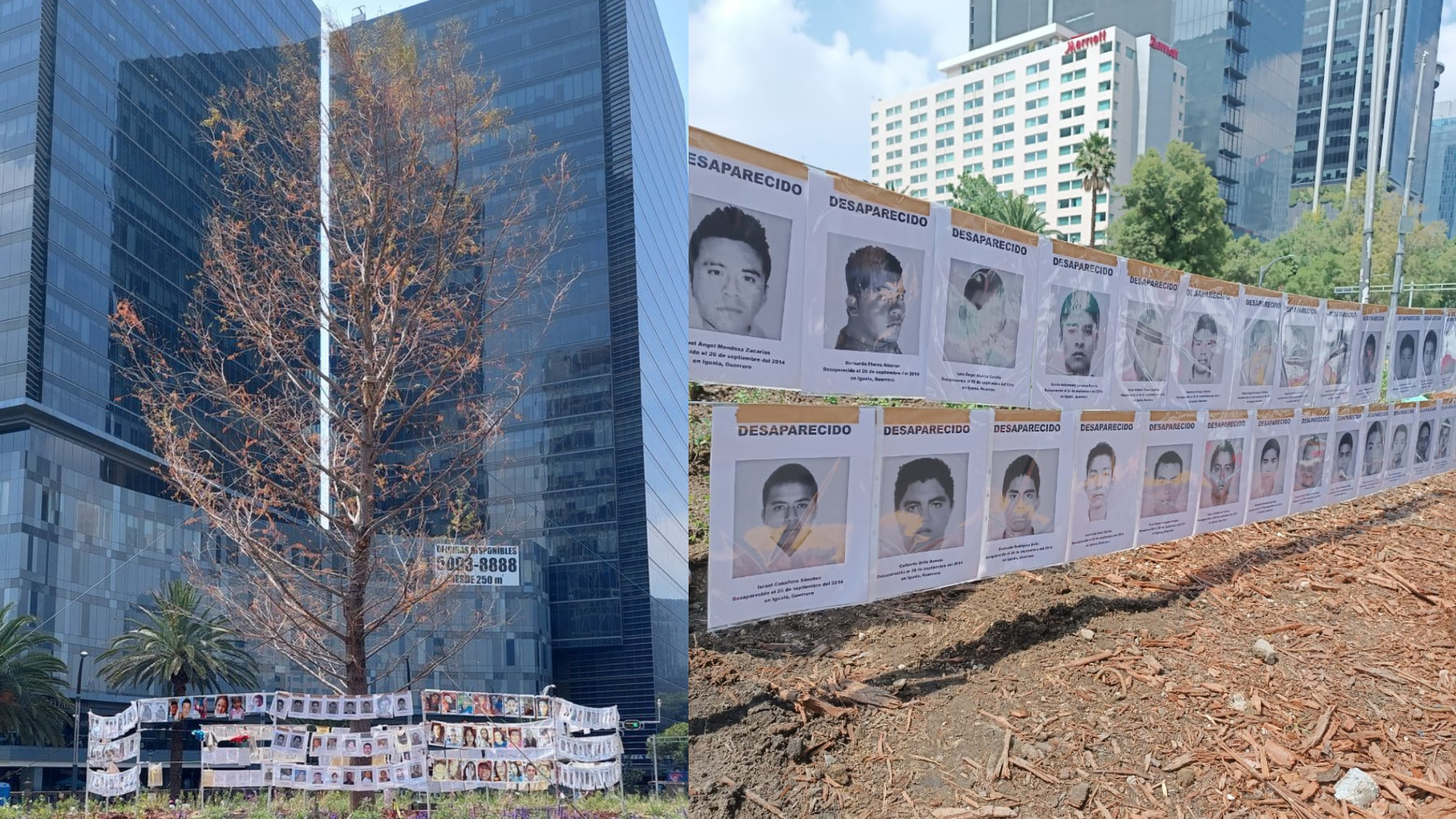 Familias colocaron fotos de los 43 normalistas de Ayotzinapa en la Glorieta de las y los Desaparecidos
