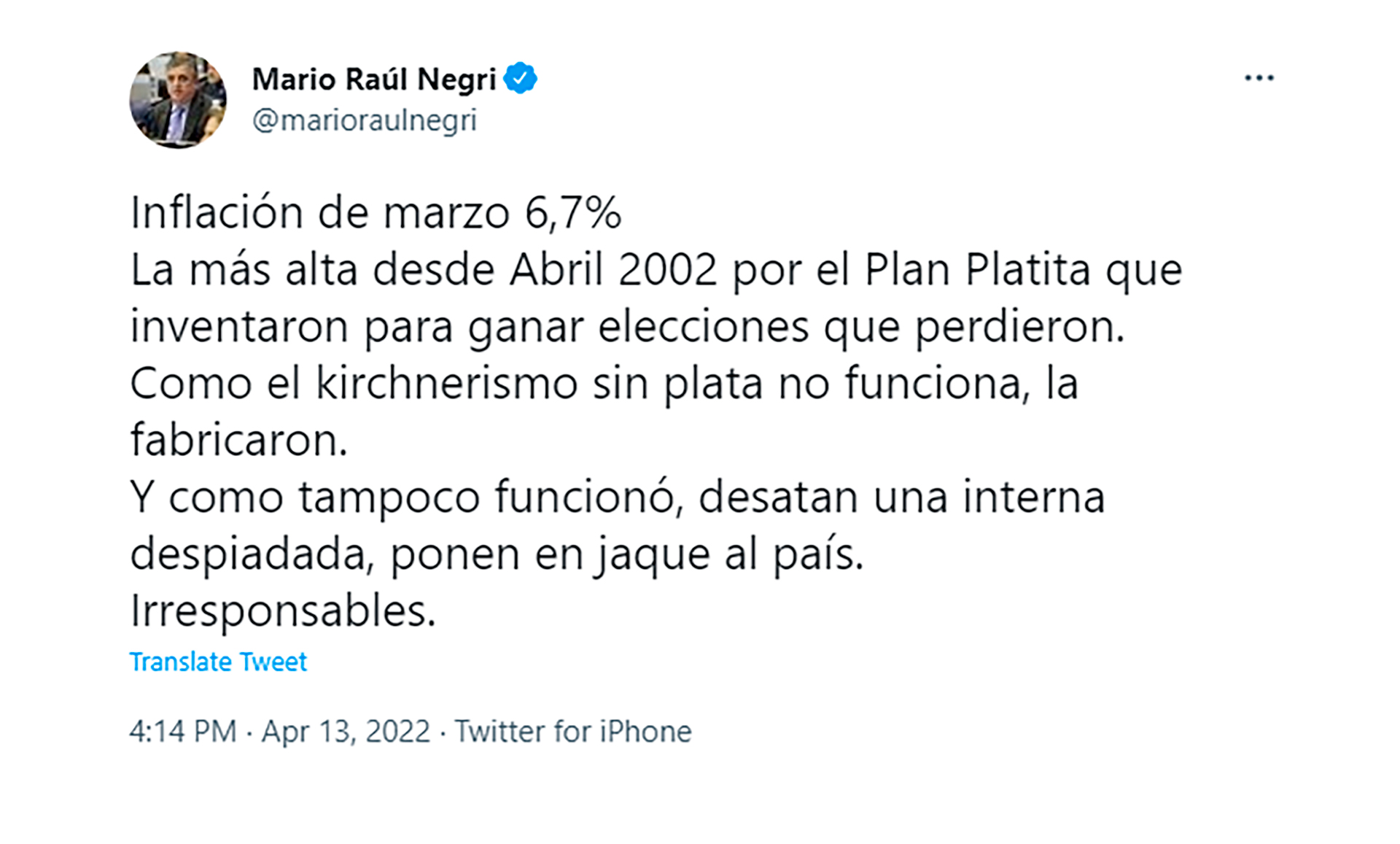 Tuit de Mario Negri, referente radical