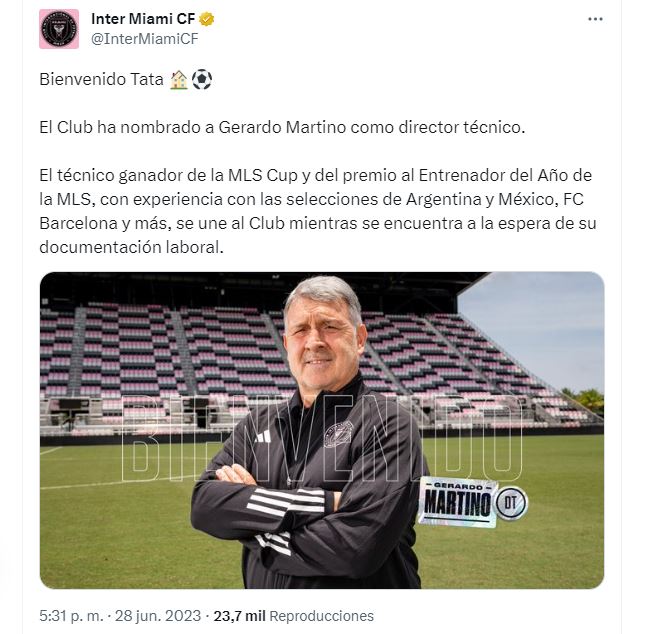 Así anunció el Inter Miami en las redes sociales la llegada de Gerardo Martino como entrenador