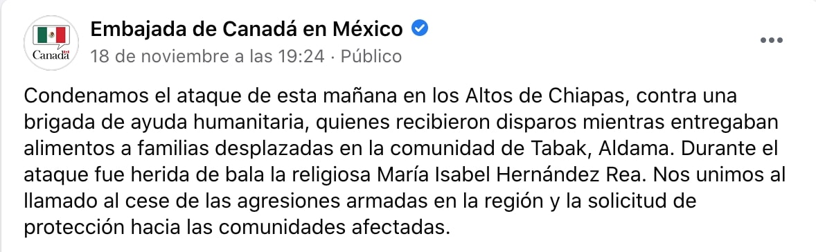 La Embajada de Canadá en México pidió que la violencia parara (Captura de pantalla)
